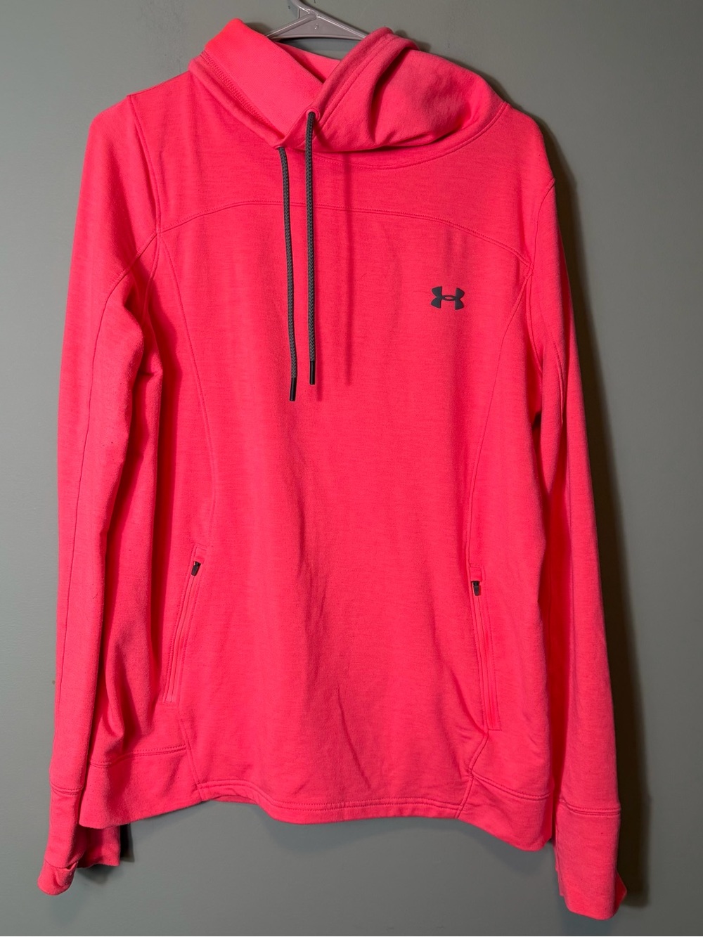 Under Armour Womens Cowl Neck Pullover Bright Pink Top Drawstrings Pockets Large